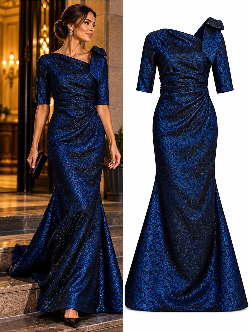 Teri Jon Rickie Freeman Metallic Jacquard Bow Shoulder Gown Blue Size 6